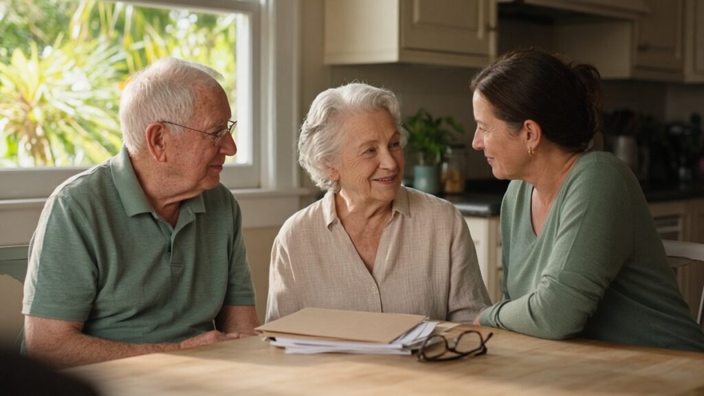 Retired couple reviewing estate planning papers with their adult daughter at the kitchen table