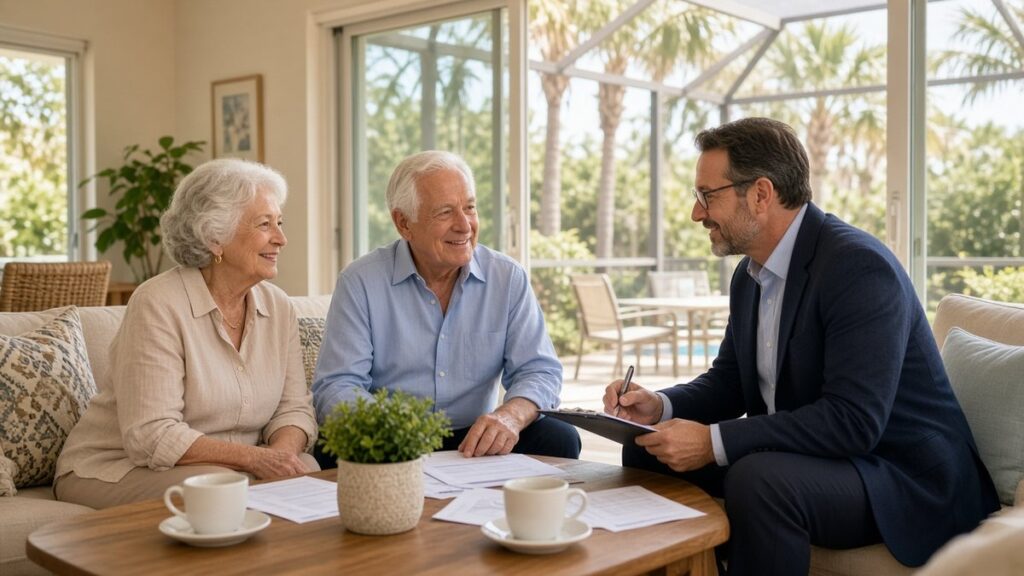 Retired couple reviewing Medicare and retirement income plans