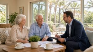 Retired couple reviewing Medicare and retirement income plans
